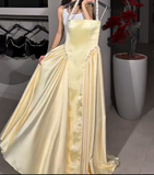 A-Line Halter Butter Yellow Satin Long Prom Dresses Birthday Party Outfits HZ1024