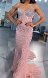 Pink Spaghetti Strap Sheath Tulle Long Prom Dresses Sparkly Rhinestone Formal Dresses HZ1024