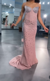 Pink Spaghetti Strap Sheath Tulle Long Prom Dresses Sparkly Rhinestone Formal Dresses HZ1024
