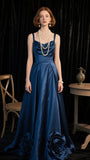 Blue Spaghetti Strap A-Line Stunning Prom Dresses Satin Elegant Formal Dresses HZ1024