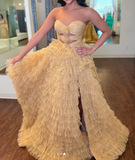Sweetheart Gold A-Line Tulle Glitter Long Prom Dresses Slit Quinceanera Dresses HZ1024