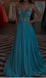 Spaghetti Straps A-Line Beaded Chiffon Formal Dresses Elegant Backless Prom Dresses HZ1024