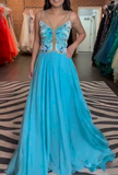 Spaghetti Straps A-Line Beaded Chiffon Formal Dresses Elegant Backless Prom Dresses HZ1024