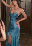 Mermaid Long Elegant Prom Dresses Spaghetti Strap Satin Formal Dresses HZ1024
