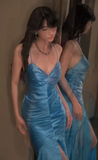 Mermaid Long Elegant Prom Dresses Spaghetti Strap Satin Formal Dresses HZ1024