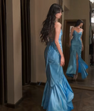 Mermaid Long Elegant Prom Dresses Spaghetti Strap Satin Formal Dresses HZ1024