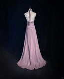 V-neck A-Line Chiffon Tulle Long Prom Dresses Gray Purple Vintage Evening Gowns HZ1024