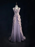V-neck A-Line Chiffon Tulle Long Prom Dresses Gray Purple Vintage Evening Gowns HZ1024
