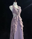 V-neck A-Line Chiffon Tulle Long Prom Dresses Gray Purple Vintage Evening Gowns HZ1024
