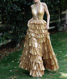 Gold A-Line Halter Long Prom Dresses Sparkly Backless Silt Graduation Dress HZ1024
