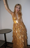 Gold A-Line Halter Long Prom Dresses Sparkly Backless Silt Graduation Dress HZ1024