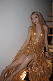 Gold A-Line Halter Long Prom Dresses Sparkly Backless Silt Graduation Dress HZ1024