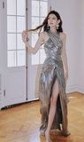 Orange Sheath Halter Birthday Prom Dresses Slit Long Formal Dresses HZ1024