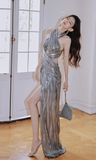 Orange Sheath Halter Birthday Prom Dresses Slit Long Formal Dresses HZ1024