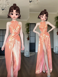 Orange Sheath Halter Birthday Prom Dresses Slit Long Formal Dresses HZ1024