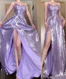 Purple A-Line Long Prom Dresses Spaghetti Straps Slit Formal Dress HZ1024