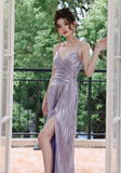 Purple A-Line Long Prom Dresses Spaghetti Straps Slit Formal Dress HZ1024