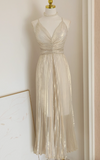 V-neck A-Line Pleated Long Evening Gowns Elegant Birthday Prom Dresses HZ1024