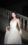 V-neck A-Line Pleated Long Evening Gowns Elegant Birthday Prom Dresses HZ1024