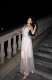 V-neck A-Line Pleated Long Evening Gowns Elegant Birthday Prom Dresses HZ1024