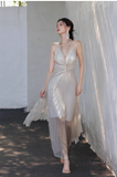 V-neck A-Line Pleated Long Evening Gowns Elegant Birthday Prom Dresses HZ1024