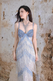 Blue Sheath Beaded Tassel Formal Dress Sparkly Sweetheart Long Prom Dresses HZ1024