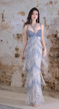 Blue Sheath Beaded Tassel Formal Dress Sparkly Sweetheart Long Prom Dresses HZ1024