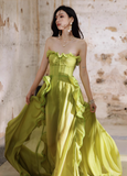 Green A-Line Ruffle Long Prom Dresses Strapless Chiffon Formal Dresses HZ1024