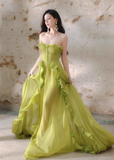 Green A-Line Ruffle Long Prom Dresses Strapless Chiffon Formal Dresses HZ1024