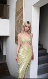 Sweetheart Sheath Satin Birthday Dresses Slits Starfruit Yellow Evening Gowns HZ1024