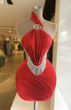 Red Bodycon Short Pleated Party Dresses One Shoulder Fashion Homecoming Dresses with Tassels HZ1024