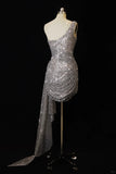 Silver Bodycon One Shoulder Short Formal Dresses Sequin Birthday Outfits HZ1024