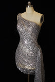 Silver Bodycon One Shoulder Short Formal Dresses Sequin Birthday Outfits HZ1024