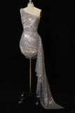 Silver Bodycon One Shoulder Short Formal Dresses Sequin Birthday Outfits HZ1024