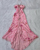 Pink Halter Sheath Birthday Outfit Printed Chiffon Retro Party Dress Formal Dress HZ1024