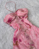 Pink Halter Sheath Birthday Outfit Printed Chiffon Retro Party Dress Formal Dress HZ1024