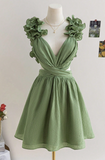 Green A-Line 8th Grade Homecoming Dress V Neck Backless Birthday Outfit Cute Cocktail Dress HZ1024
