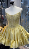 Yellow Strapless A-Line Short Homecoming Dress Beaded Satin Sweet Birthday Outfit HZ1024