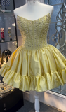 Yellow Strapless A-Line Short Homecoming Dress Beaded Satin Sweet Birthday Outfit HZ1024