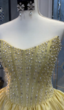 Yellow Strapless A-Line Short Homecoming Dress Beaded Satin Sweet Birthday Outfit HZ1024