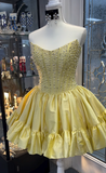 Yellow Strapless A-Line Short Homecoming Dress Beaded Satin Sweet Birthday Outfit HZ1024