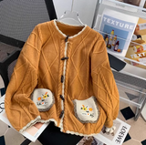 Horn Button Pocket Embroidery Forest Style Cardigan Sweater HZ1024