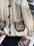 Horn Button Pocket Embroidery Forest Style Cardigan Sweater HZ1024