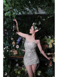 Silver 18th Birthday Dress Beaded Strapless Bodycon Homecoming Dresses Sweet Party Dress HZ1024
