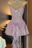 Pink Spaghetti Strap 16th Birthday Dress Glitter Sequin A-Line Homecoming Dresses HZ1024