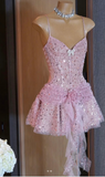 Pink Spaghetti Strap 16th Birthday Dress Glitter Sequin A-Line Homecoming Dresses HZ1024