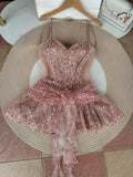 Pink Spaghetti Strap 16th Birthday Dress Glitter Sequin A-Line Homecoming Dresses HZ1024