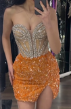 Sweetheart Bodycon Short Formal Dresses Orange Sequin Prom Dresses Rhinestone Homecoming Dresses HZ1024