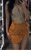 Sweetheart Bodycon Short Formal Dresses Orange Sequin Prom Dresses Rhinestone Homecoming Dresses HZ1024