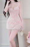 Spaghetti Straps Pink Sheath Short Birthday Dress Beaded Tassel Homecoming Dress HZ1024